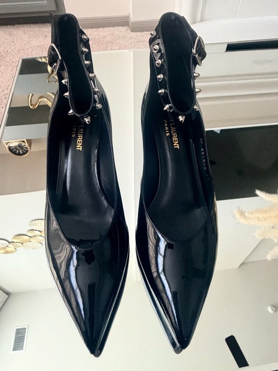 Saint Laurent Shoes - Saint Laurent Black Patent Leather Pointed Slingbacks with Silver Studs